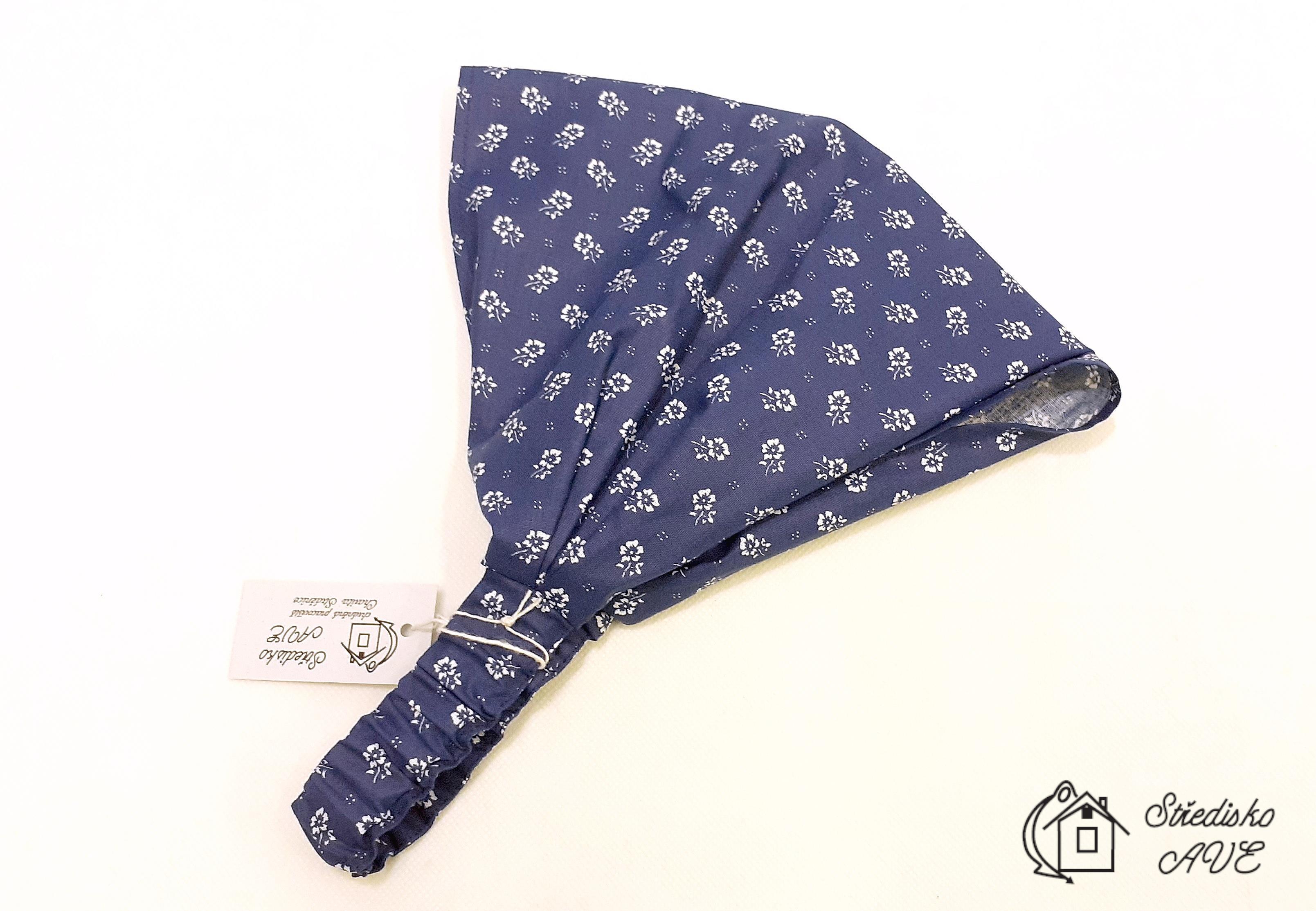 Dámská čelenka, šátek - vzor modrotisk, typ 1cm kvítek na modré