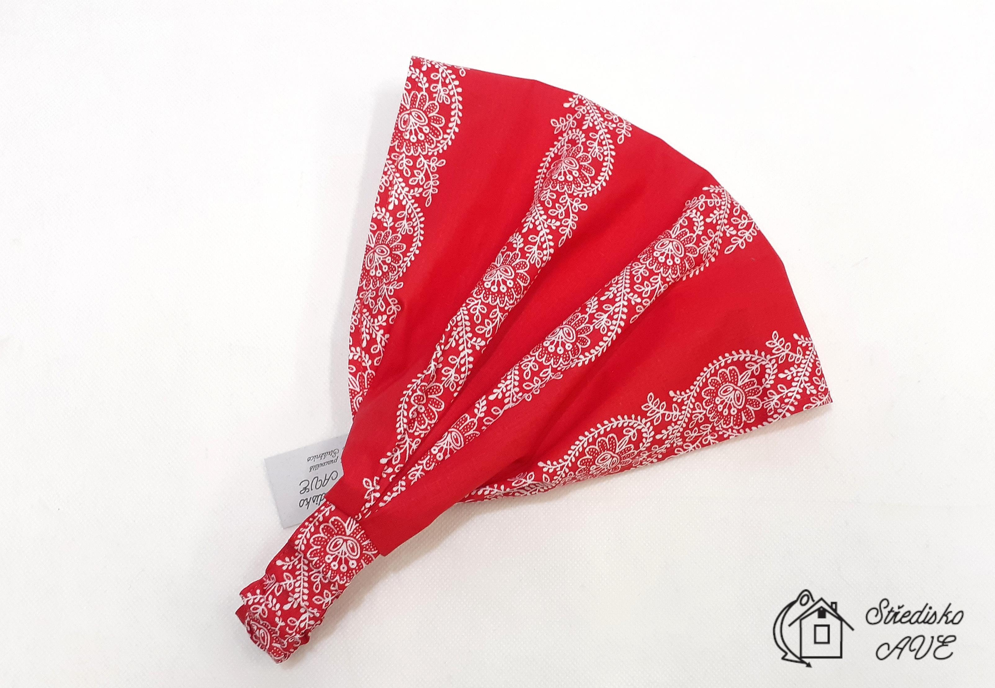 Dámská čelenka, šátek - vzor modrotisk, typ červená s pruhy
