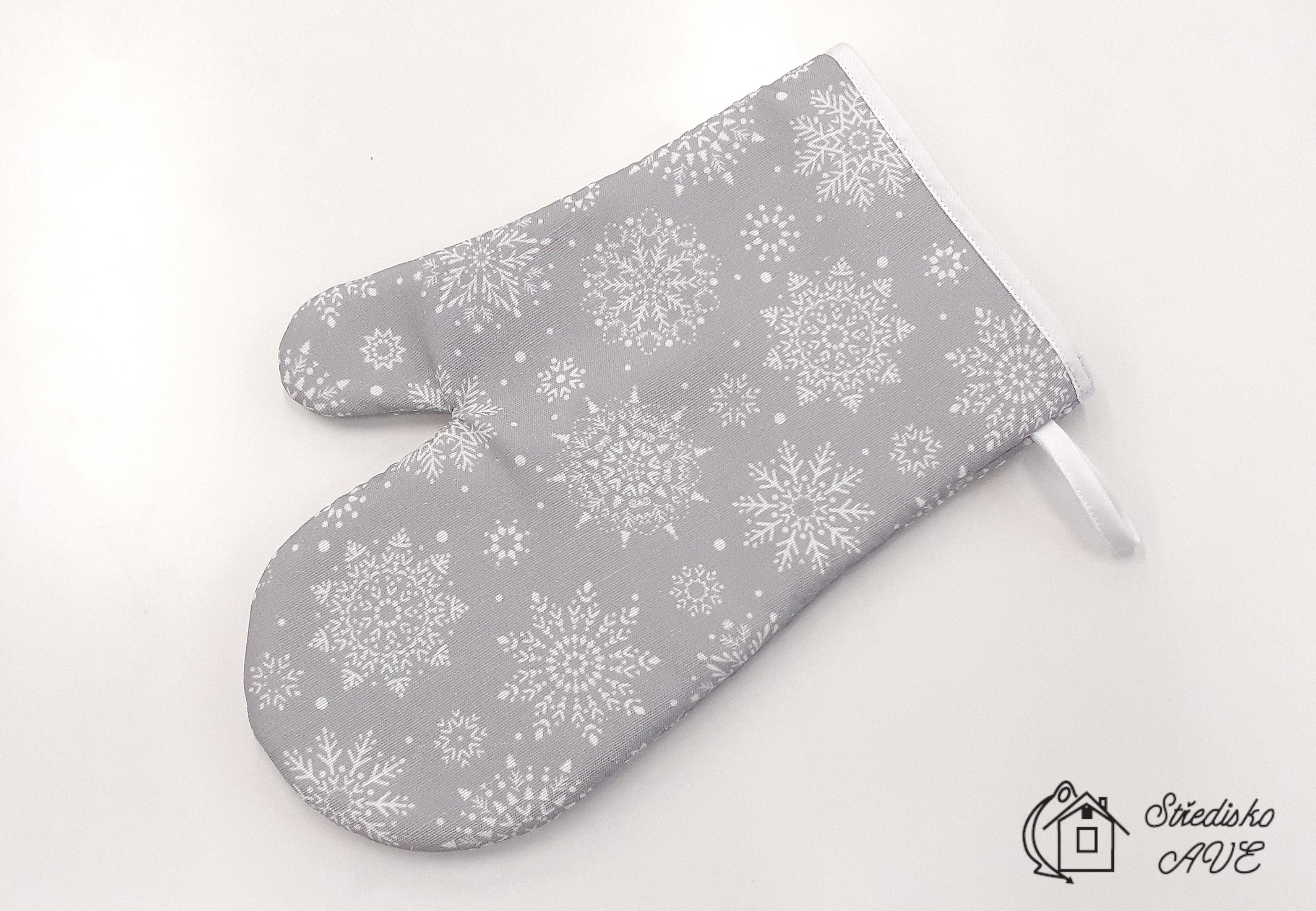 Chňapka rukavice vánoční - bílé vločky na šedé